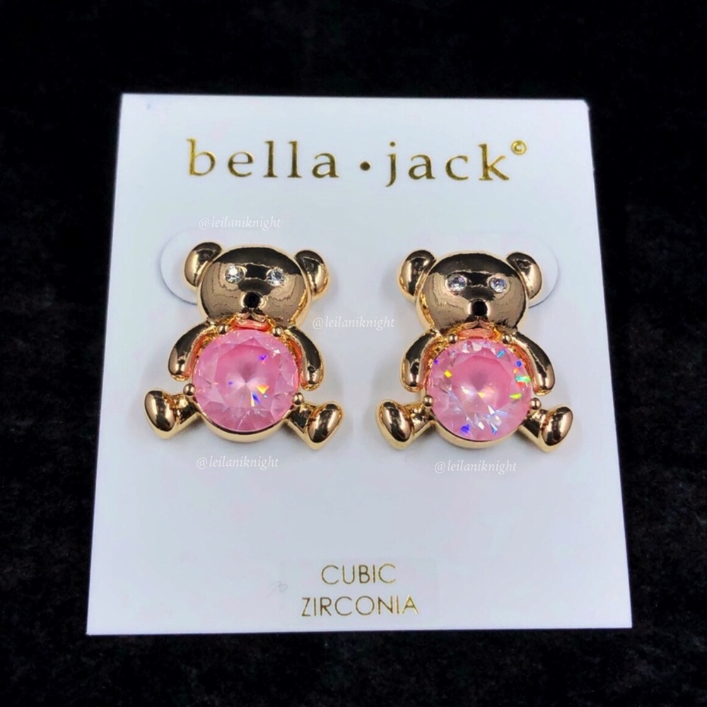 Bella Jack Pink Cubic Zirconia Gold Teddy Bear Stud Earrings